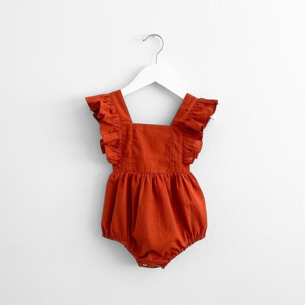 NWT Pretty Girls Linen Romper Bohemian Princess Spring & Summer Terra Cotta 6-9M